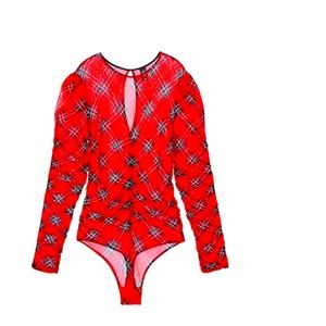 Victoria Red plaid sleeve bodysuit.
